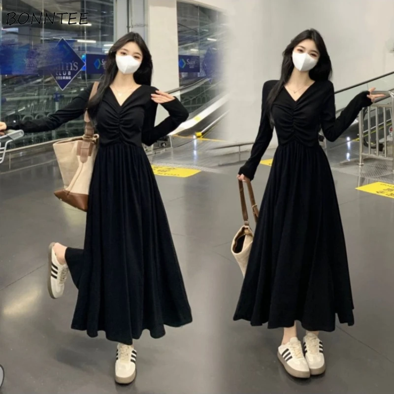 

Chic Folds Long Sleeve Midi Dresses Women Fashion Solid Simple Leisure Slim Elegant Young Popular Frock Ladies All-match Ins New