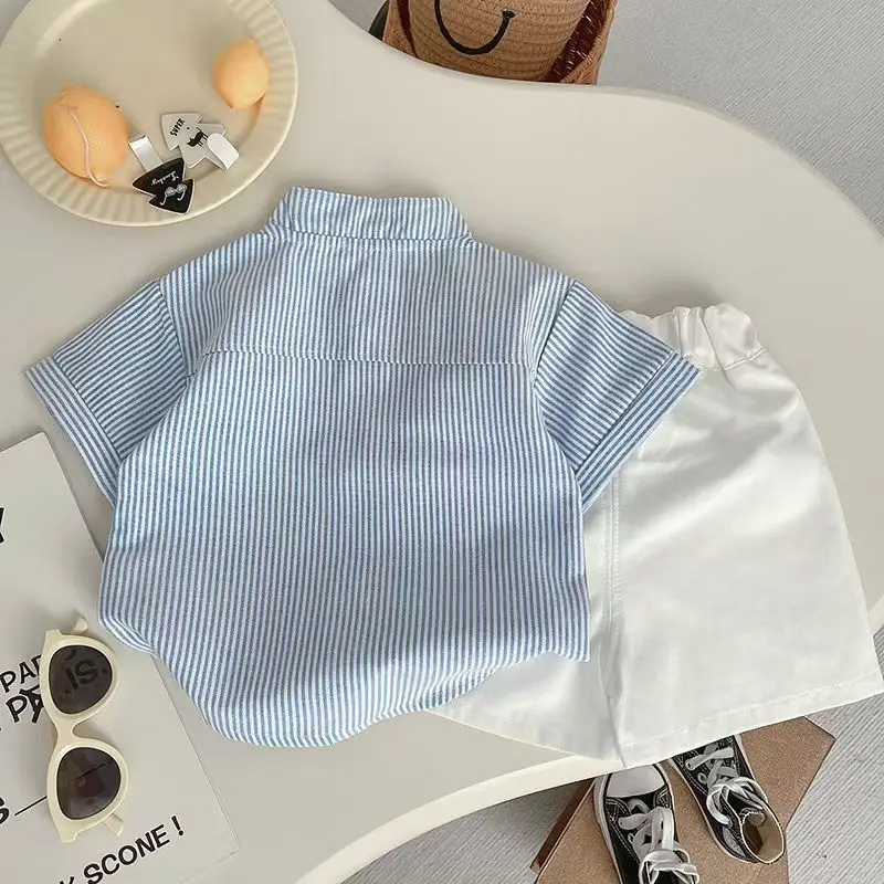 New Kids Summer Baby Boys Clothes Suits Children Striped Striped Stand Up Collar Shirt+ White Shorts 2Pcs/Set Infant Clothing