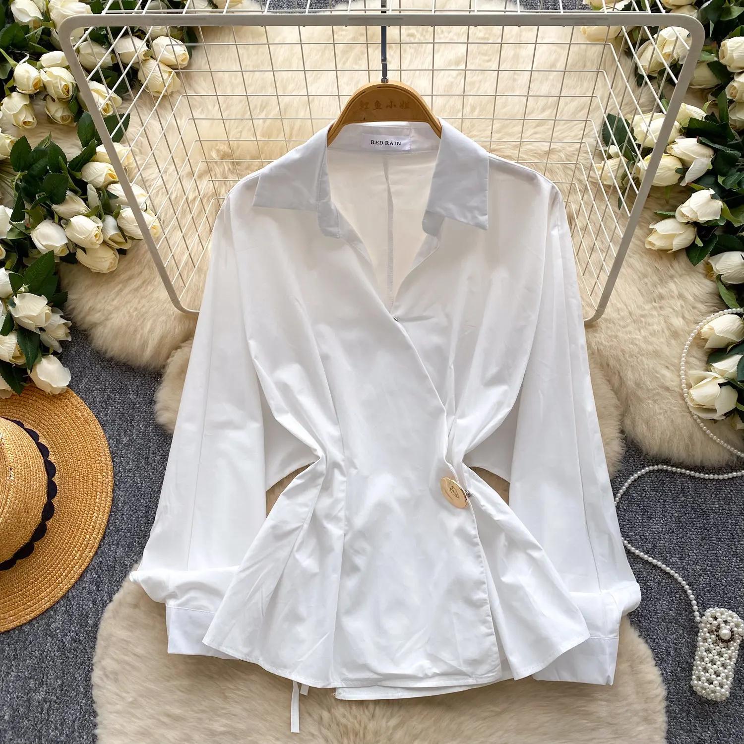 

Blouses Women Denim Shirt Turn Down Collar Full Sleeve Tops Tight Waist Y2k Streetwear Work Elegant Splice Shirts 2026 Spring