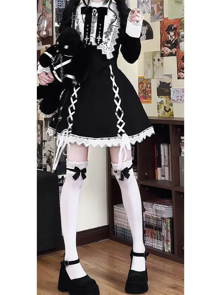 블랙 윈터 로리타 드레스 세트 따뜻한 케이프와 스퀘어 넥 드레스 허리 슬림 고딕 스위트 로리타 의상 우아한 클래식 스타일 세트