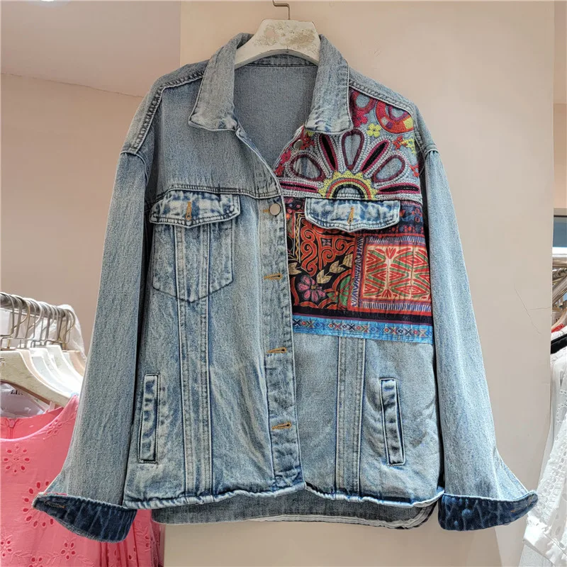 Vintage Blue Embroidery Spliced Denim Jacket Women Loose Short Cowboy Outerwear Long Sleeve Jeans Jacket Female Chaqueta Mujer