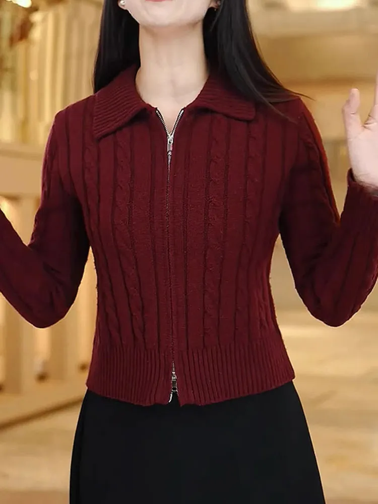 Double Zipper  Color Knitted Open Cardigan Casual Slimming Long Sve Leisurely Sle Women's Camere Sweater