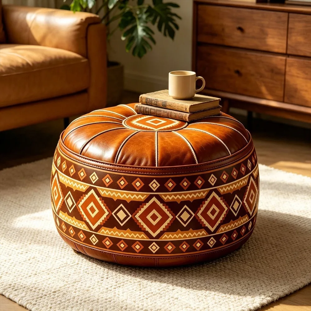 Boho Style Sofa Stool Cover Unstuffed PU Leather Storage Ottoman Geometric Pattern Waterproof Pouf Cover Living Room