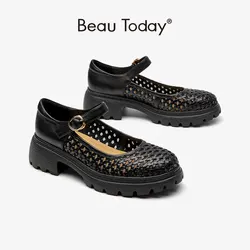 BeauToday Hollowed-out Sandals Women Genuine Cow Leather Cover Heel Retro Style Summer Mary Janes Ladies Shoes Handmade 28478