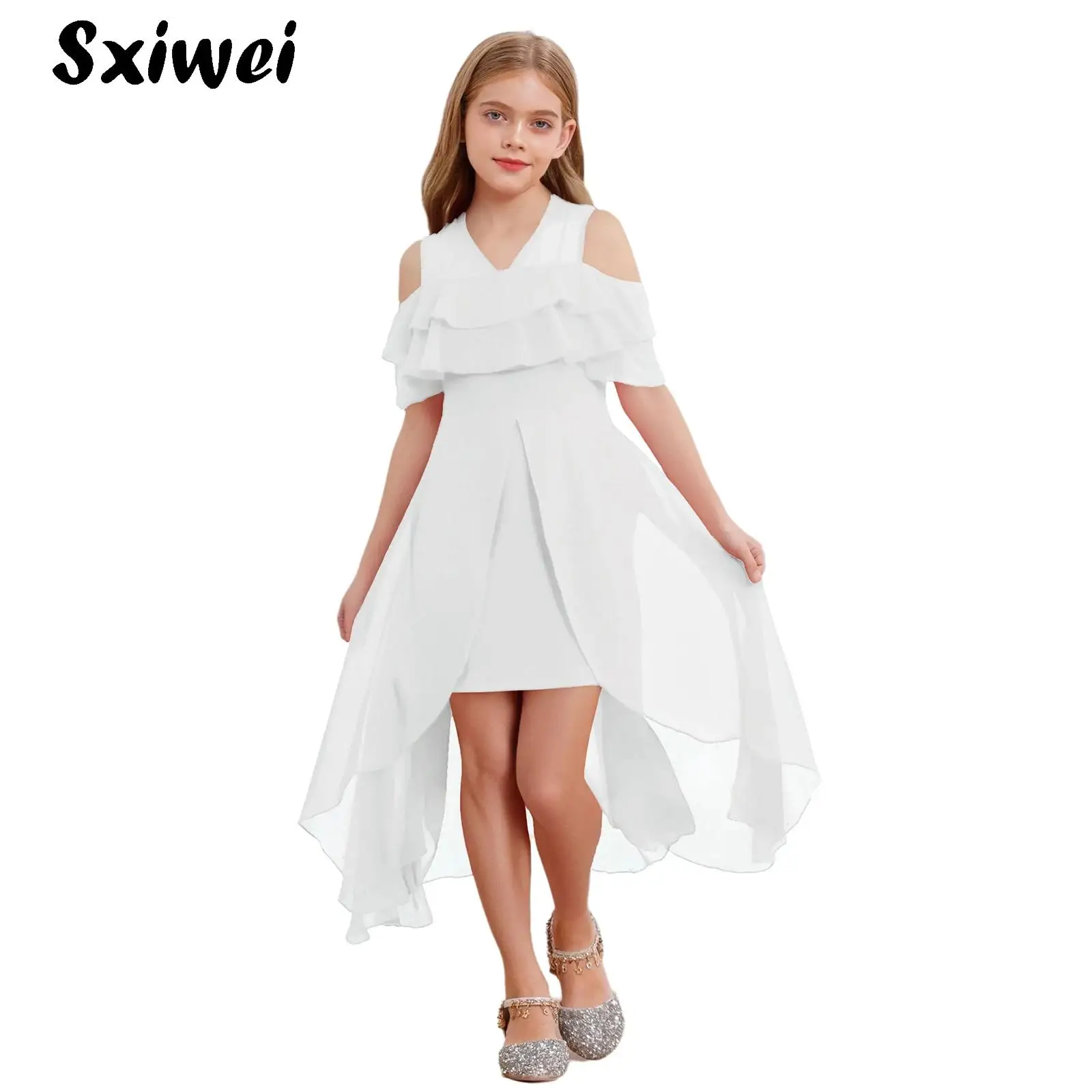 

White Summer Dress for Girls Kids Cold Shoulder Short Sleeve Elegant A-line Dress High Low Chiffon Dress Casual Dresses
