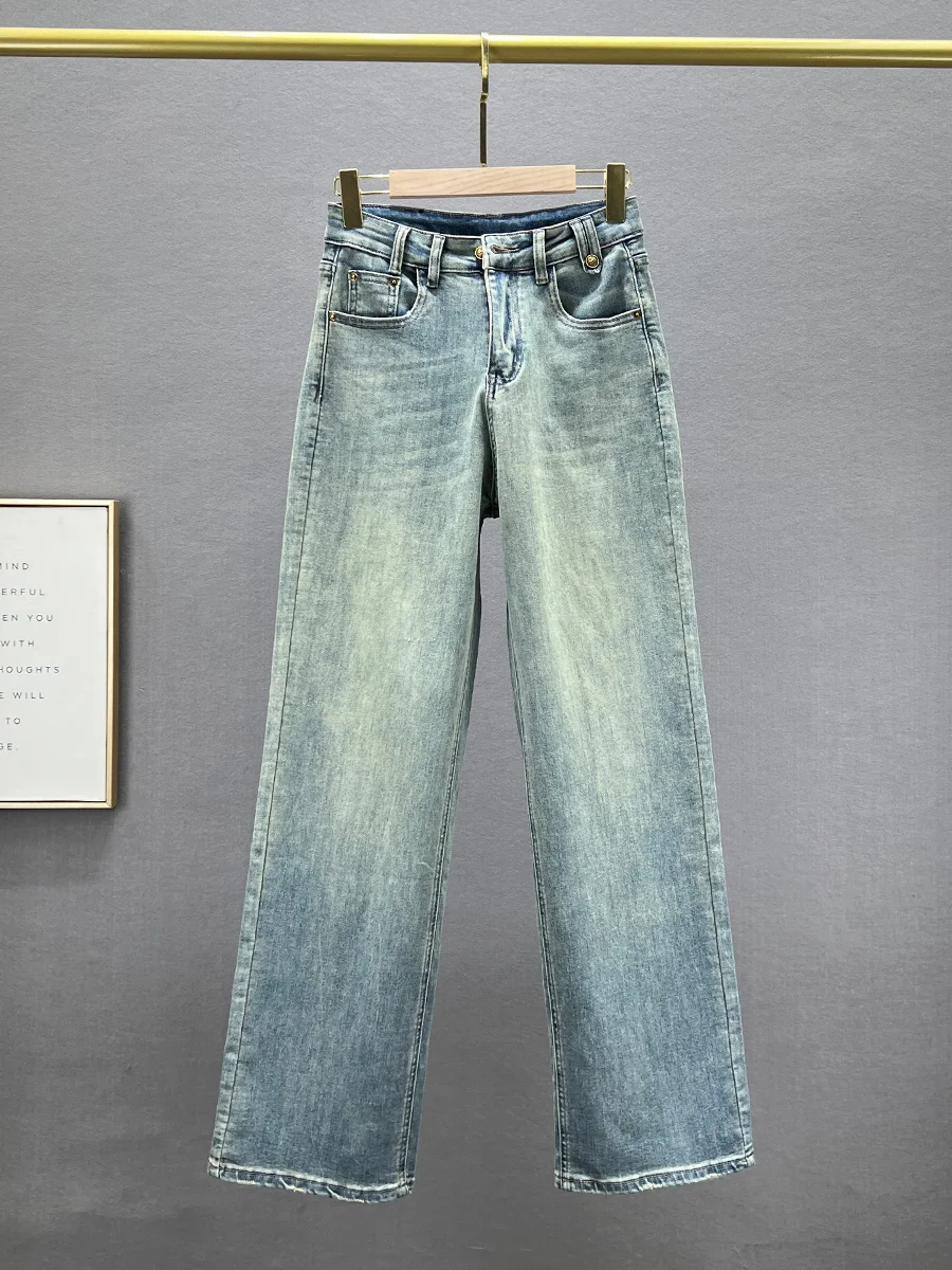 

High Waist Straight Leg Denim Jeans Women's Spring Elastic Loose Slimming Hong Kong Sle Wide Leg Extended Length Pants