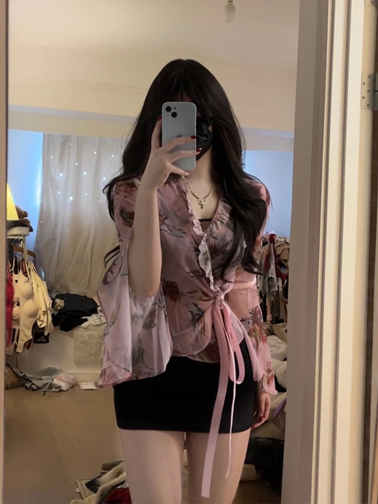 

plus Size Summer Vacation Style Pure Desire Sexy Mesh Print Shirt Top Women's Black Wrap around Skirt Two Piece Set