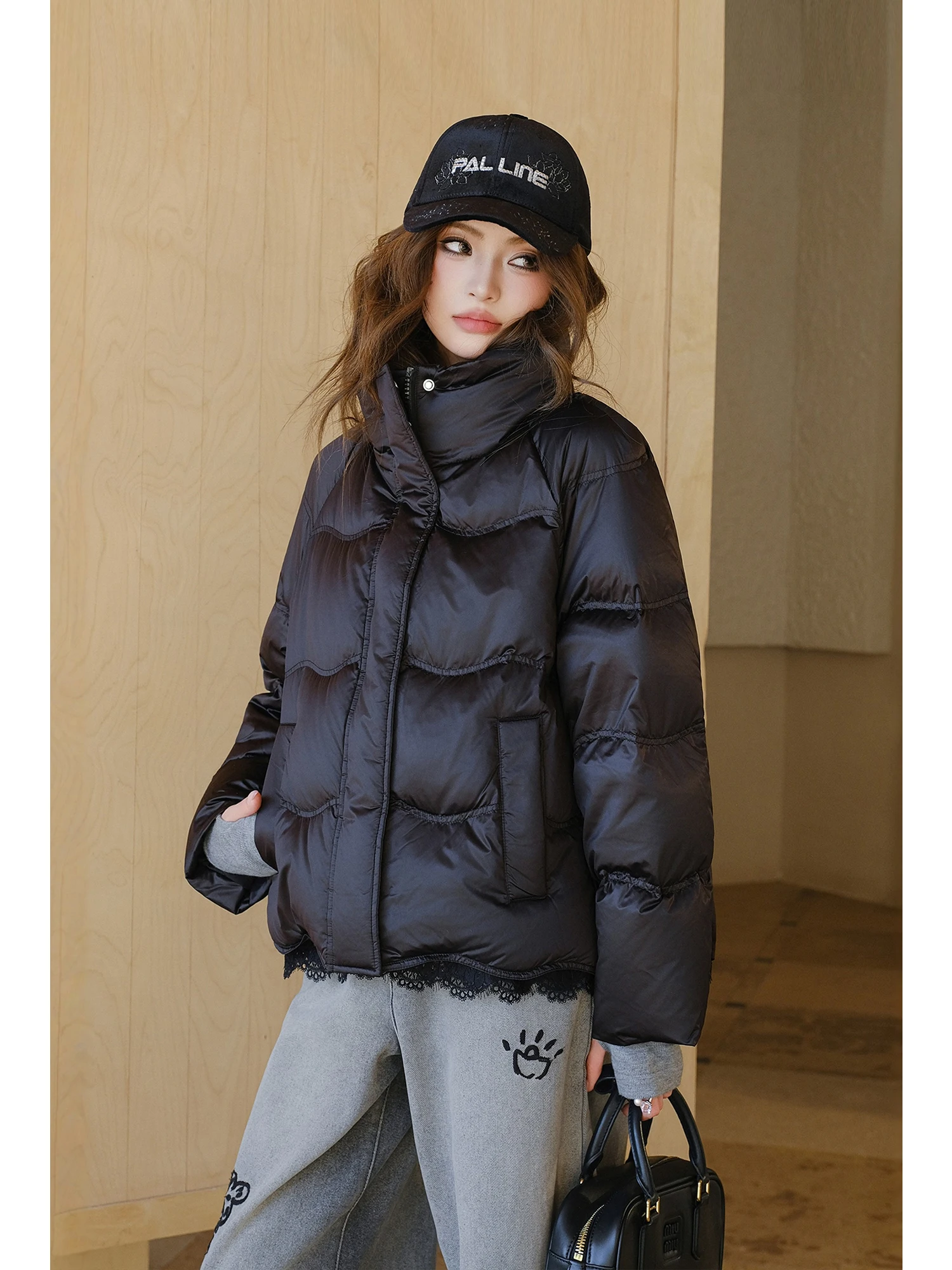 

MIUCO Cloud Warm 90 White Du down ort Padded Jaet Women's Lace Trimmed Splicing Sli Outerwear Ladies' Coat