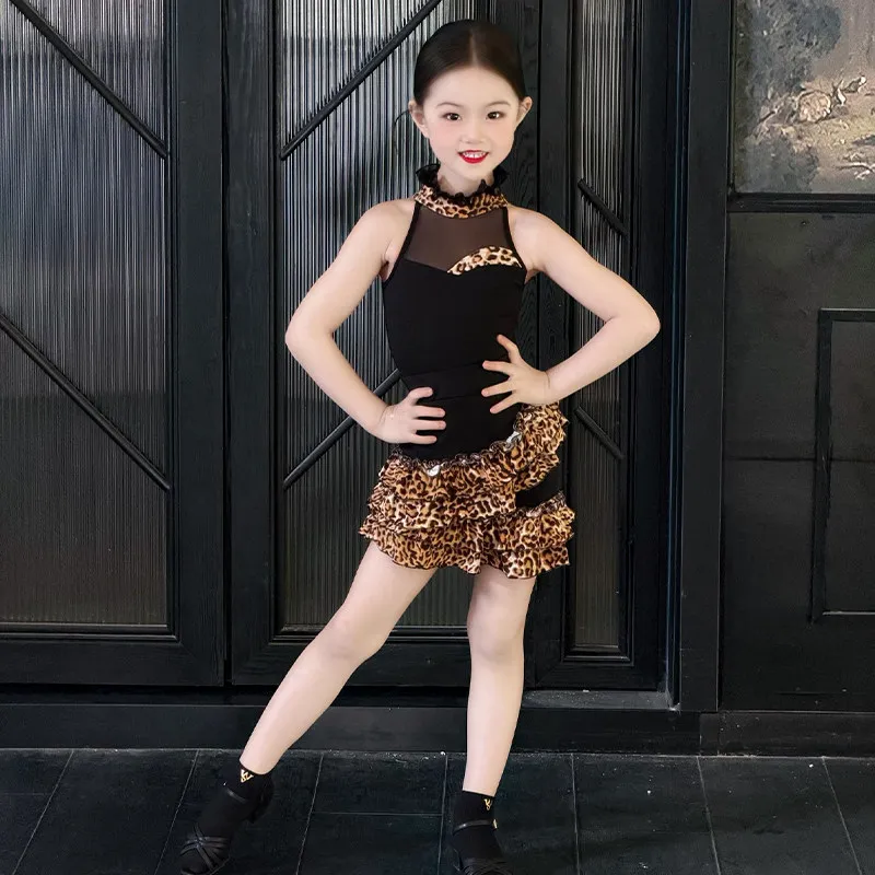 

Детская одежда для выступлений в латиноамериканских танцах для девочек, платье без рукавов с леопардовым принтом для латиноамериканских танцев, детские костюмы для сценических танцев SL15452
