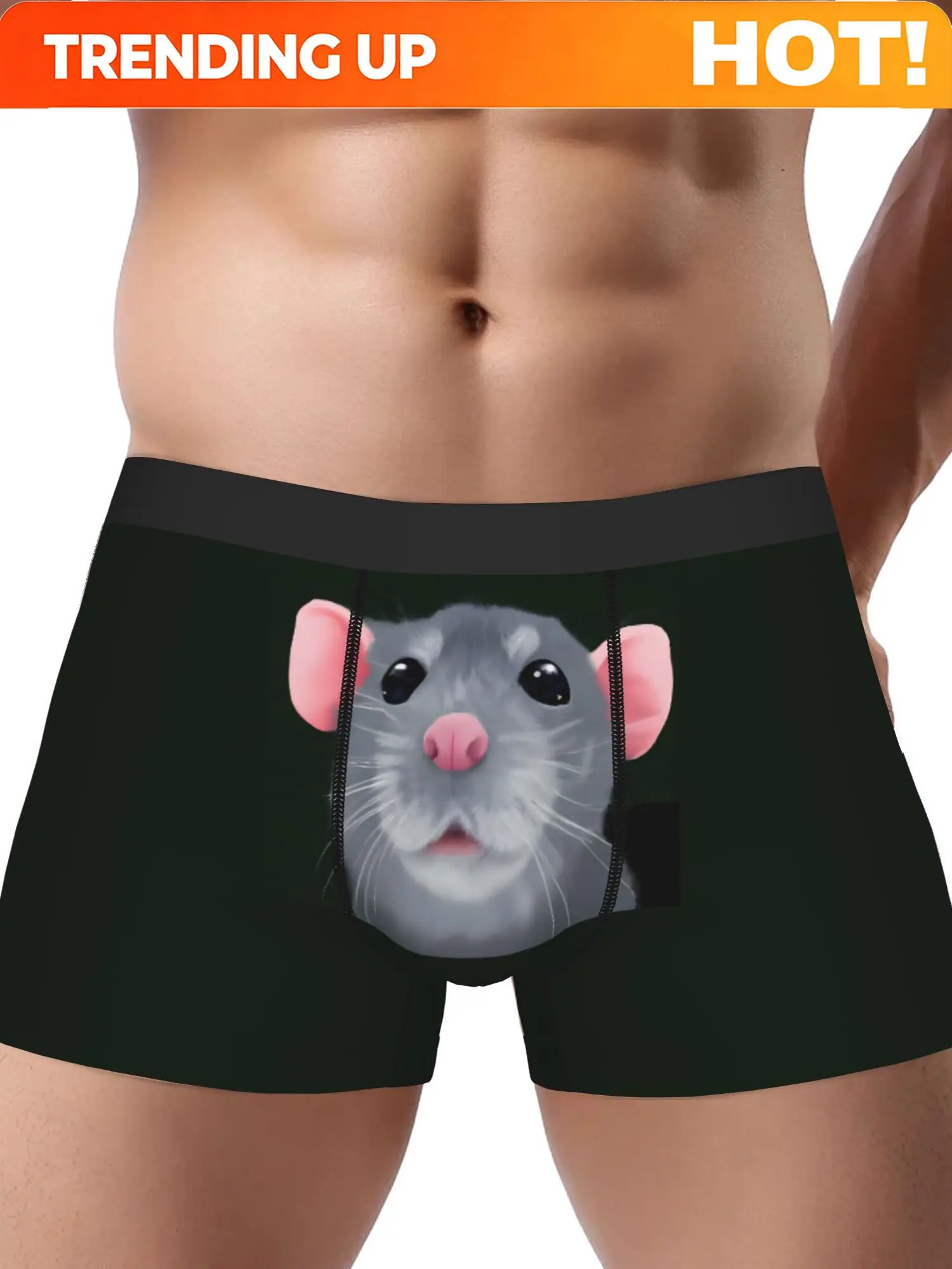 BIIHUDU Men'S Cute Anime Character Print Boxer Briefs - Stretchy Comfort Fit, Black with Pink Ears & White Face Design, Novelty