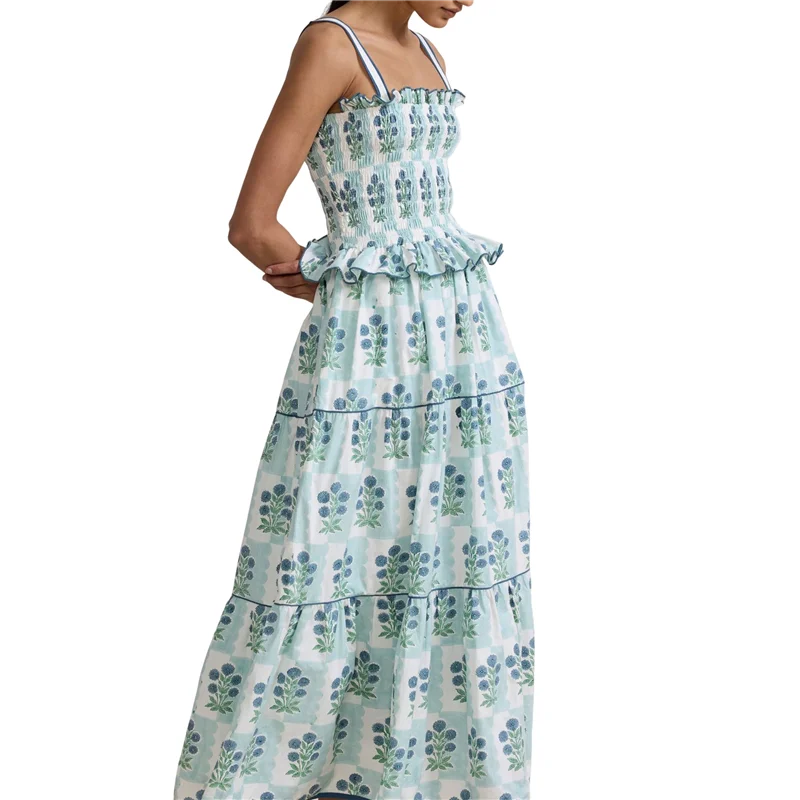 AOAO-ผู้หญิงฤดูร้อนBoho Tieชุดไหล่Y2kดอกไม้Smocked FlowyชุดยาวRuffleฉัตรBeach Vocation Sundress