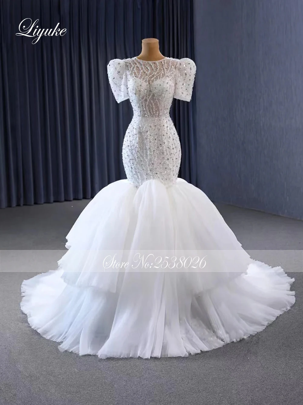 Liyuke Luxury Lace O-Neck Mermaid Wedding Dresses Stunning Asymmetrical Beading Crystals Peals Appliques Trumpet Bridal Gowns