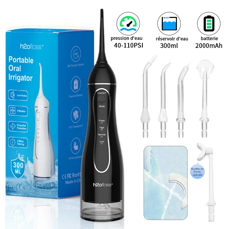 H2ofloss Hydropulseur Irrigateur Buccal 300ml 140PSI avec Système à Bille de Gravité 5 Modes 5 Buses Rechargeable USB pour Nettoyage Dentaire et Détartrage