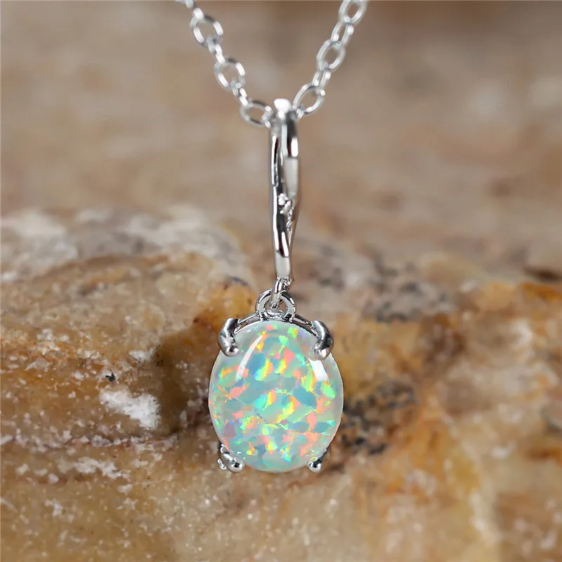 Boho Female Small White Fire Opal Stone Oval Pendant Necklace Silver Color Wedding Jewelry For Women