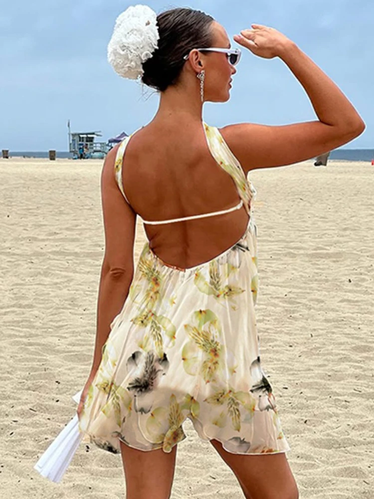 FDYOUI Woman Clothes Pink Mini Dress Sexy Halter Off Shoulder Backless T-shirt Dresses Girls Floral Print Party Club Streetwear