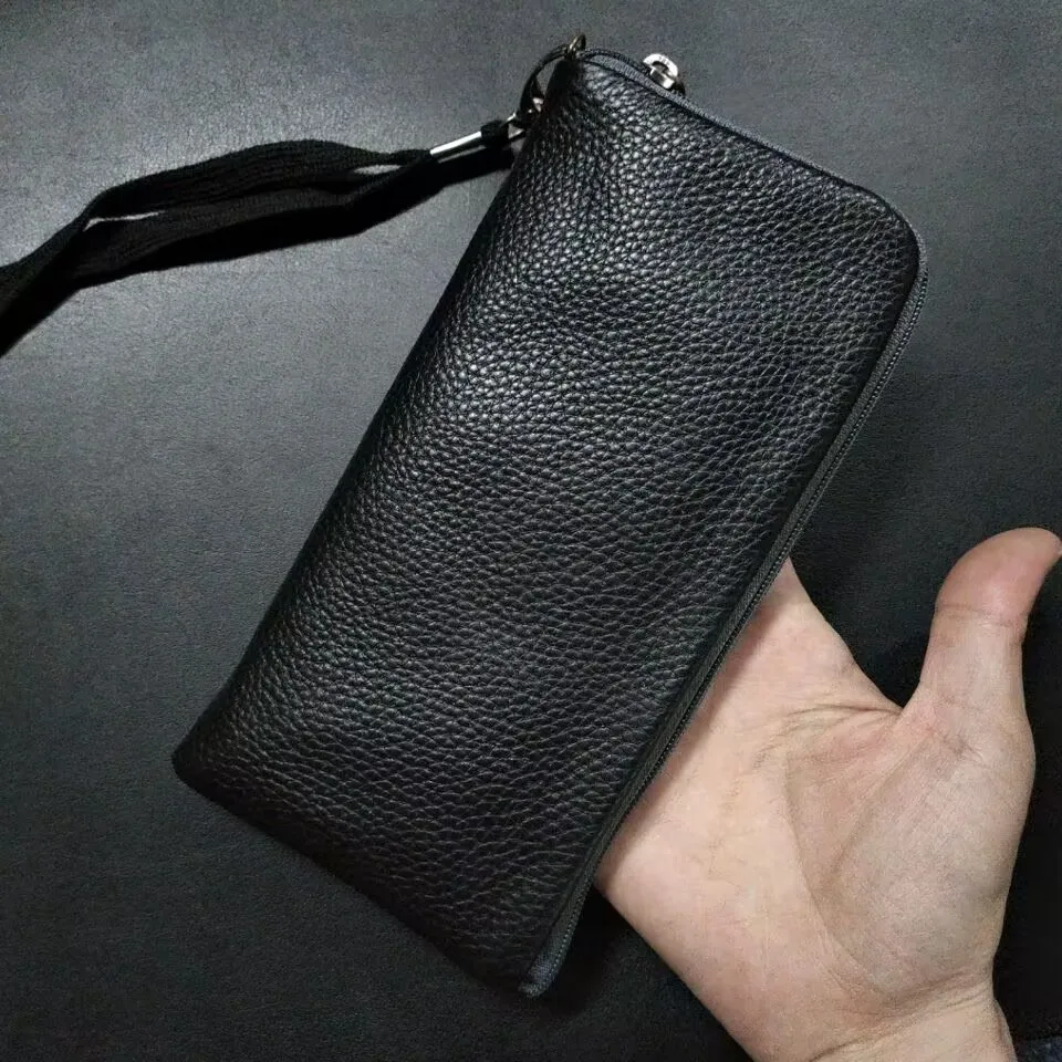 FSSOBOTLUN, For iPhone 14 Pro Max 6.7“ Zipper Pouch Bag Pocket Litchi Grain Genuine Leather Phone Case For Apple iPhone 14 Plus