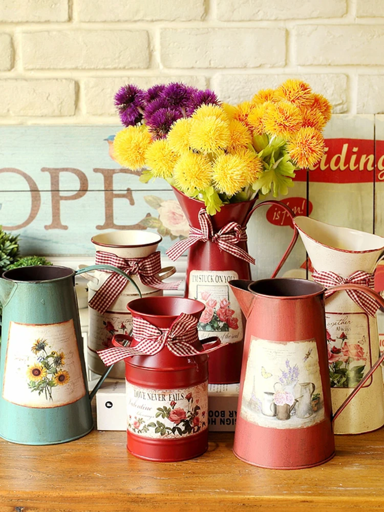 Retro American Country Style Iron Bucket Flower Vase Artificial Flower Insert Home Decor Handle Flower Pot for Home Decoration