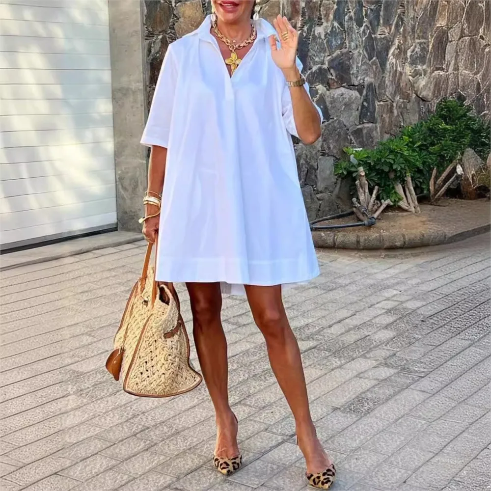 Mulheres casual cor sólida com decote em v camisa vestido 2025 senhora do escritório moda verão novo solto branco meia manga a linha vestido streetwear