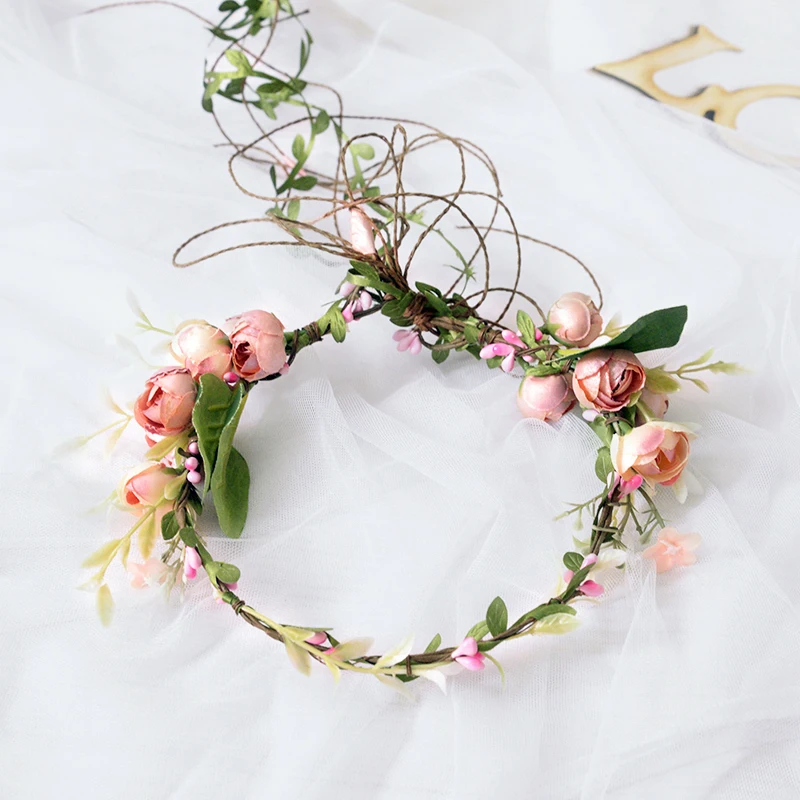 1pc Flower Crown Headband Rose Wreath Garland Hair Bands Floral Wedding Bridal Hair Hoop Women Ladies Leaf Vine Party Decoration