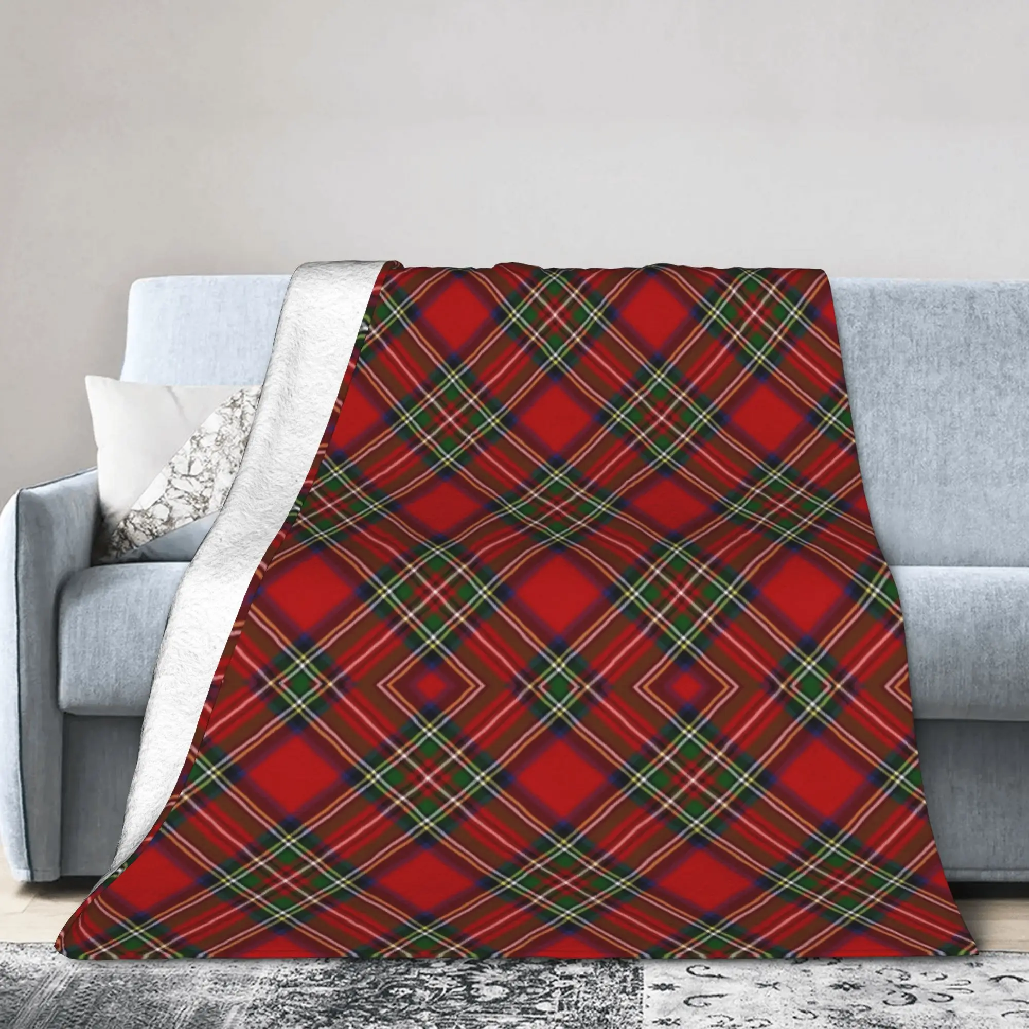 Royal Stewart Tartan Cross Plaid Blankets Coral Fleece Plush Breathable Lightweight Thin Throw Blanket for Home Plush Thin Quilt