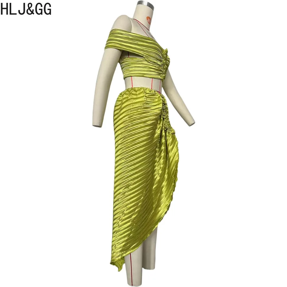 HLJ&GG Green Fashion Skirts Two Piece Sets Women Off Shoulder Crop Top And Sracked Skirts Outfits Female Solid Matching Clothing