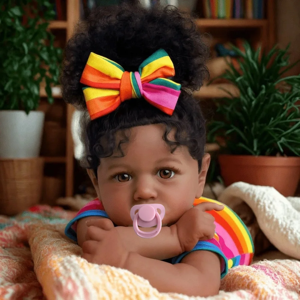 55CM Reborn Saskia African American Doll Full Vinyl Body Washable Hand-rooted Hair Dark Skin Baby Doll For Kids Gift