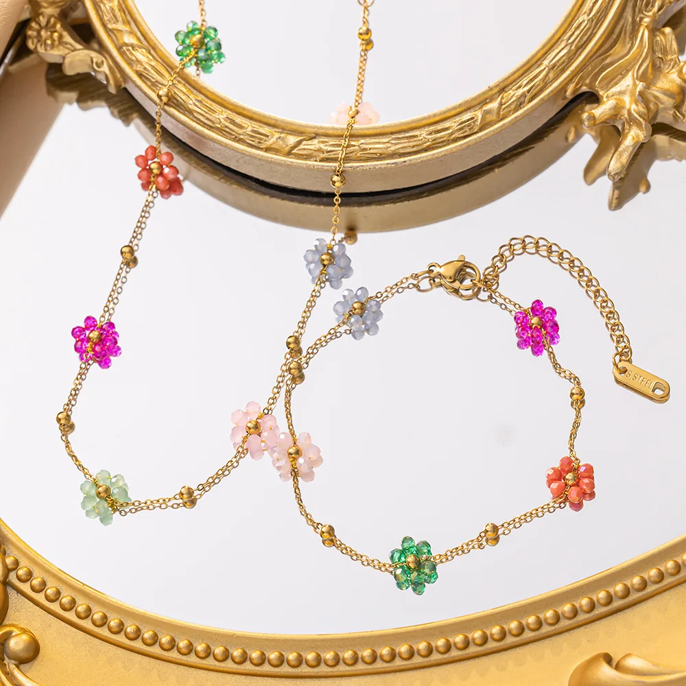 IFYOUOO Colorful Crystal Flower Chain Stainless Steel Necklace Bracelet Set Plating Waterproof Jewelry For Ins Exquisite Jewelry image 4