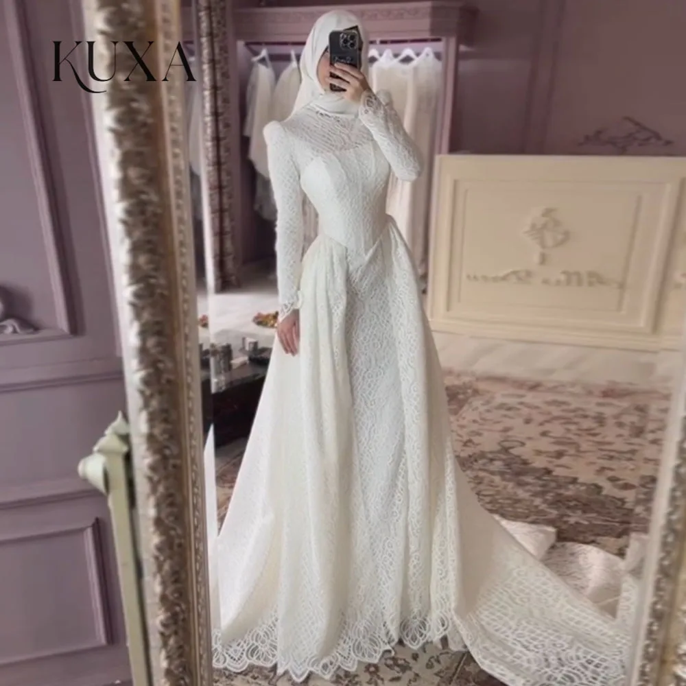 KUXA Maßgeschneiderte Spitze Muslimische Brautkleider Bodenlangen Vintage High Neck Volle Ärmel Brautkleider vestidos de novia 2026