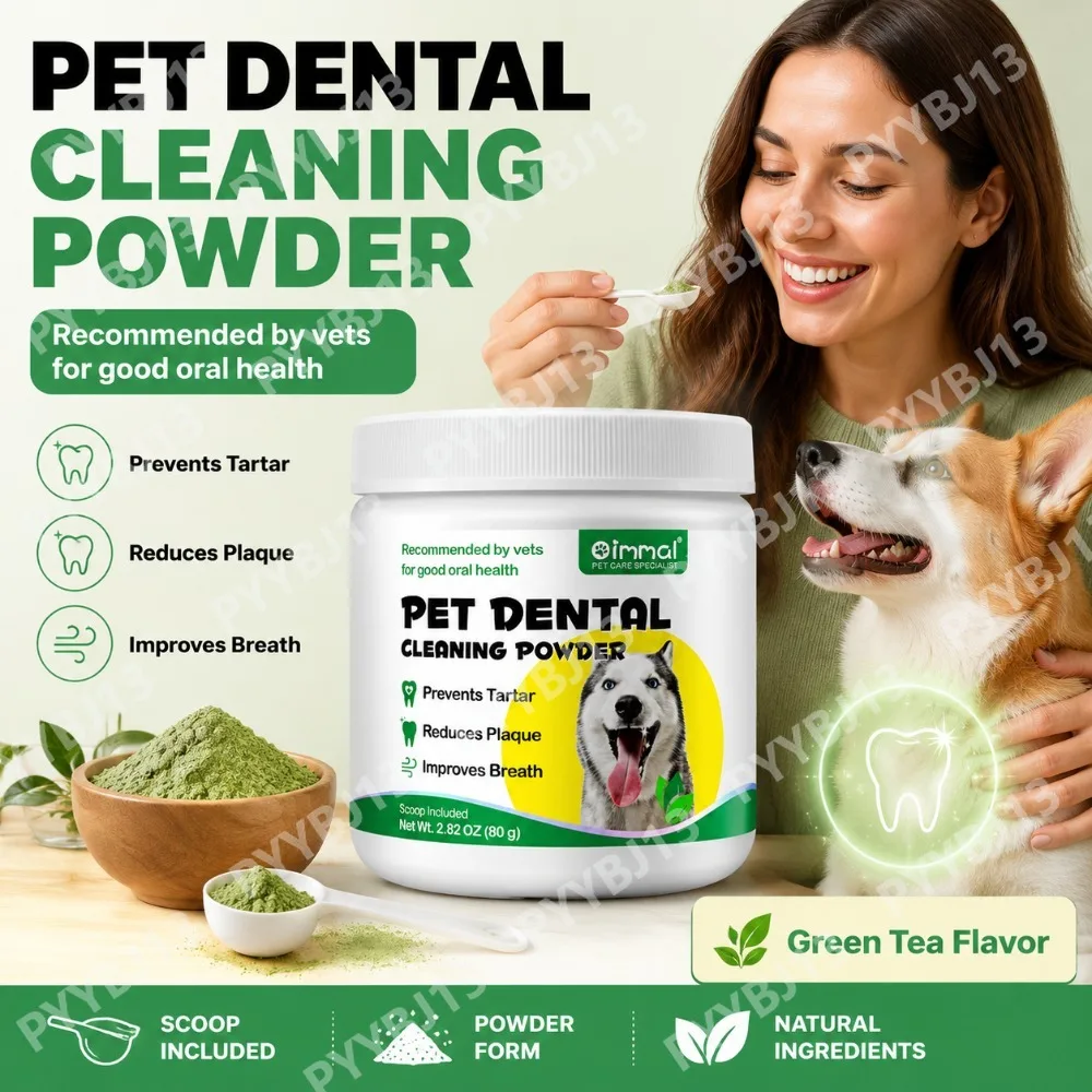 Pet Dental Cleaning Powder for Dogs-Tartar Control,Plaque Remover,Fresh Breath-Probiotics & Green Tea Oral Care Powder,80g
