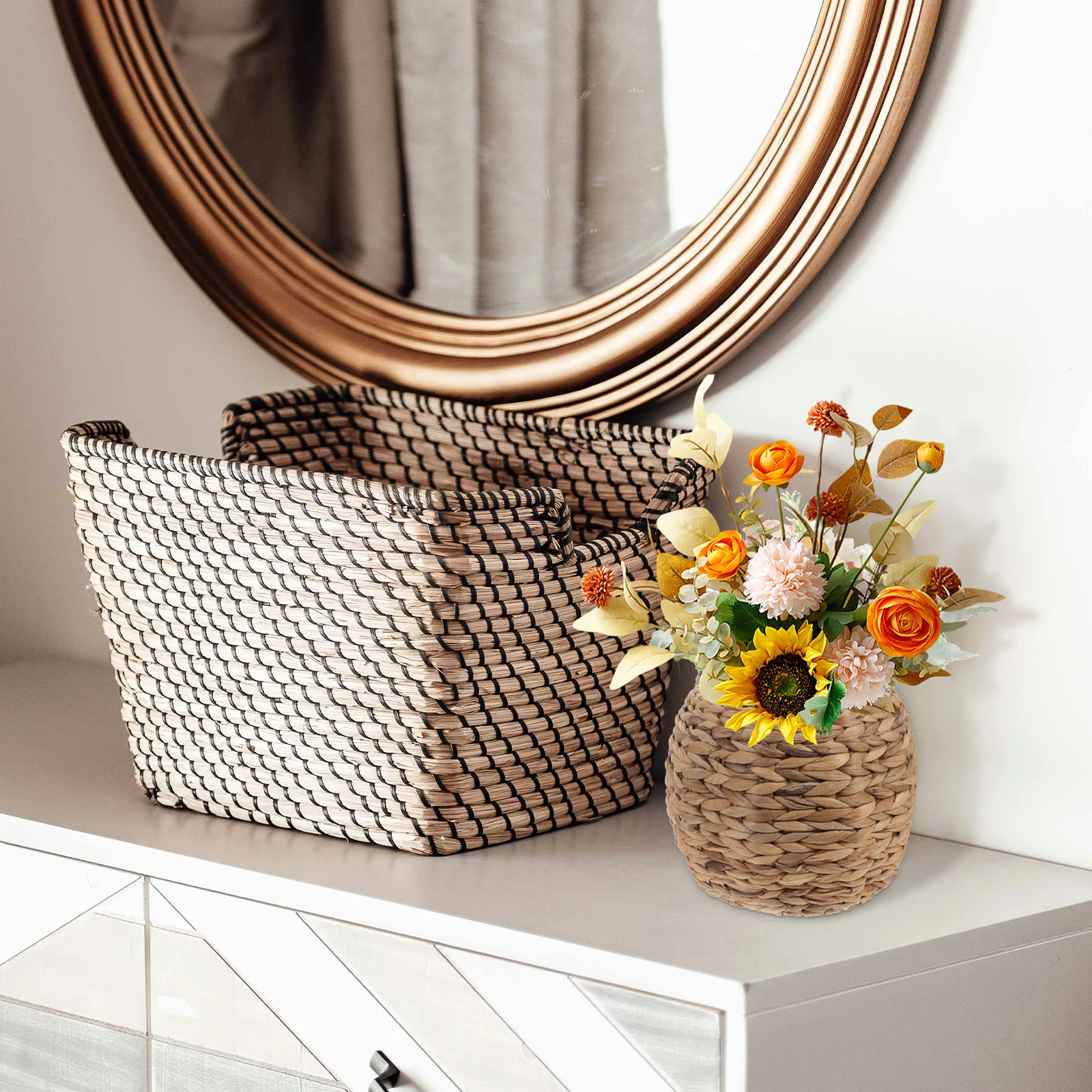 

Hyacinth Storage Basket Woven Natural Organizer For Desktop Sundries Storage Bin Household Decorative Box Dried Flower