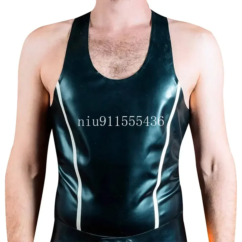 Handmade Sexy Latex Tank Sleeveless Rubber Vest Top Black with White Stripes for Men