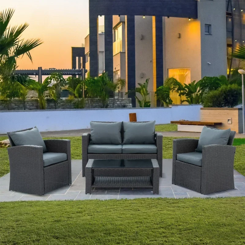 High Quality Patio Furniture, Outdoor Furniture, Seasonal PE Wicker Furniture, Four Set Wicker Furniture W/ Black Tempered