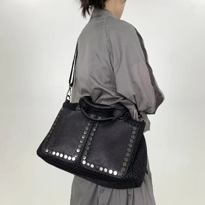 Gothic Black Studded Mesh Tote Bag, PU Leather Rivet Decor Crossbody Handbag, Punk Rock Shoulder Bag for Women
