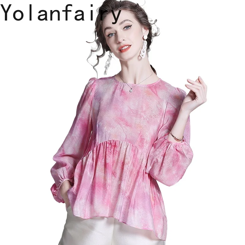 

YOLANFAIRY High-end 100% Real Mulberry Silk Shirts Woman Elegant Floral Blouses Long Sleeve Tops 2026 Spring Doll Dress T Shirt