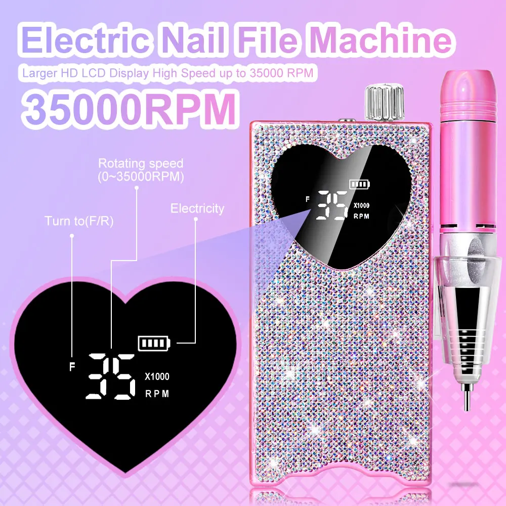 96W Rechargeable Nail LED UV Lamp And 35000RPM Nail Drill Machine with Diamonds Heart-Shaped Design for Manicure Polishing Dryer