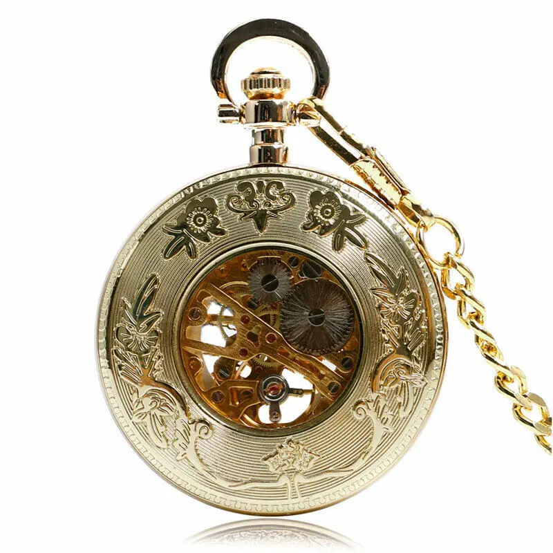 Gold retro mechanical watch openwork Arabic literal clockwork old pocket watch men's mechanical watch