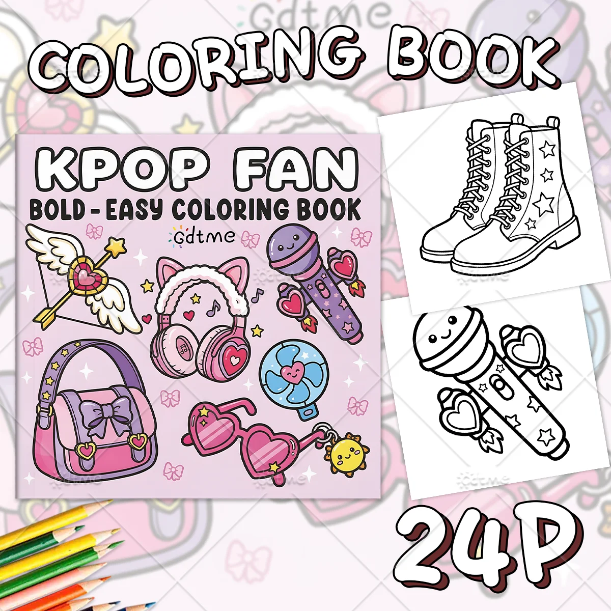 Bold Line Kpop Fan Coloring Book Kawaii Stage Accessories Heart Decor Anti Anxiety Stress Relief Mindful Drawing Pages For Adult