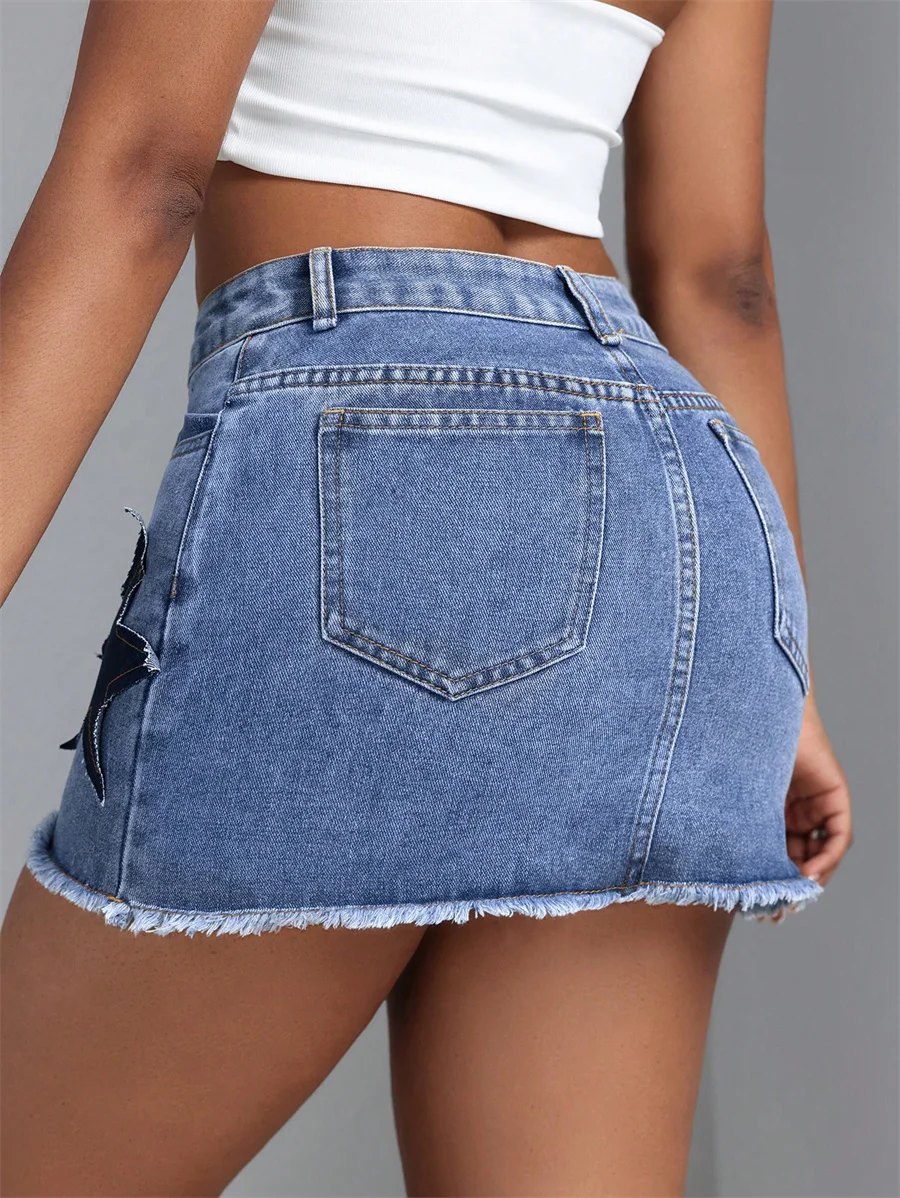 Benuynffy Y2k Star Appliques Raw Hem Denim Skirt Women's Summer High Waist Casual Streetwear American Retro Bodycon Mini Skirts