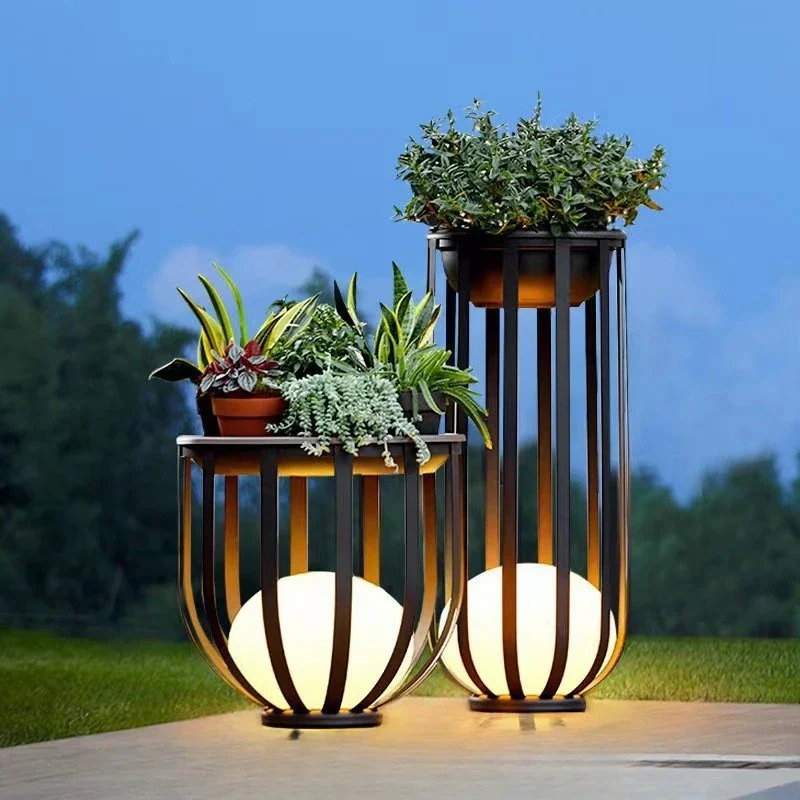 New Style Outdoor Indoor Floor Lamp White Acrylic Ball Black Metal Plug Charging Solar Energy Lighting Fixtures