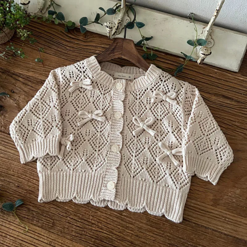 Baby Clothes Sweater Hollow Knit Coat Bow Lace Long Sleeve Round Neck 2024 Spring and Autumn Simple Sweet Casual Kids Cardigan