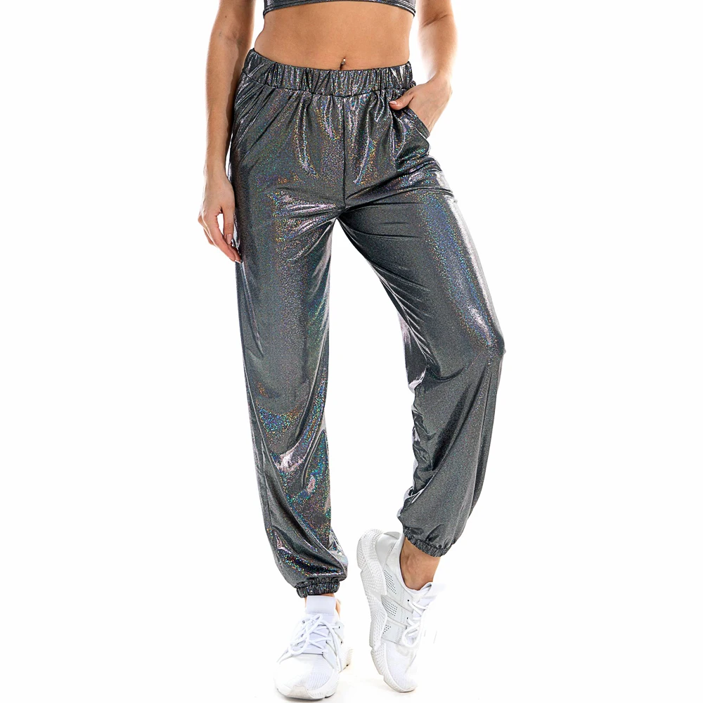 Women Silver Metallic Shiny Dance Pants Stage Street Wear Jogger Wide Leg Loose Bloomers Club Hip Hop Pants Glittening Trousers