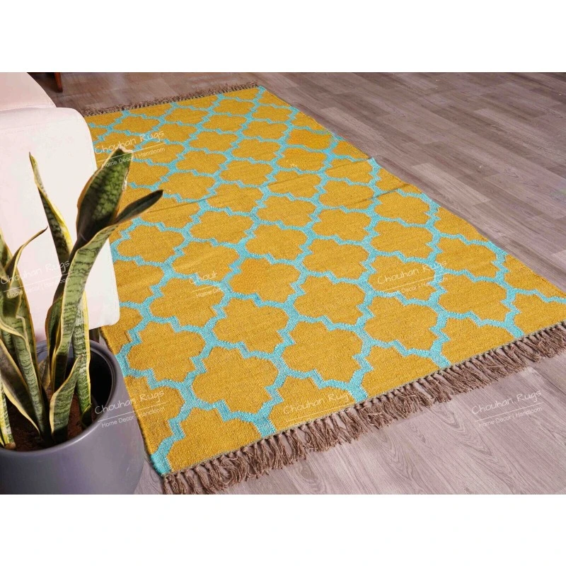 

Bohemian Vintage Wool Jute Kilim Large Area Rug Yellow with Turquoise Design Rug