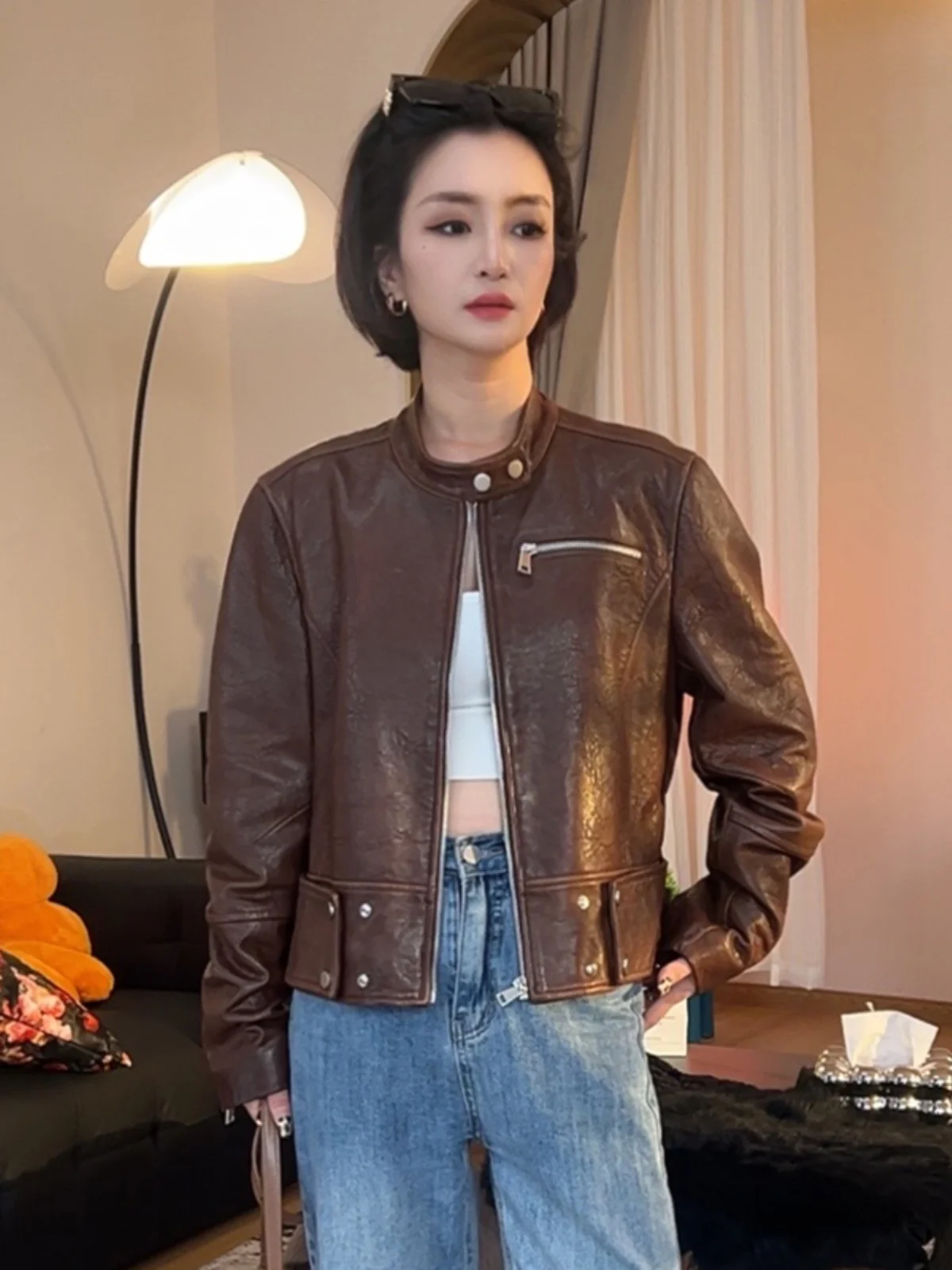 Giacca in Pelle Cerata alla Moda con Colletto Rialzato, Casual e Versatile, per Autunno e Inverno, con Cerniera e Taglio Dritto