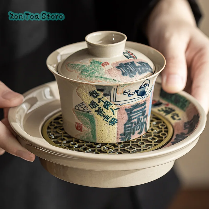 

Wood Ash Hand-painted Three Cover Bowl Teacup Ceramic Home Kung Fu Tea Infuser High-grade Tea Bowl Office Tea Set