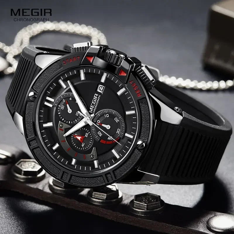 Relojes MEGIR con cronógrafo deportivo militar para hombre, reloj de pulsera de cuarzo del ejército de silicona, relojes masculinos de la mejor marca 2095 plateado y negro