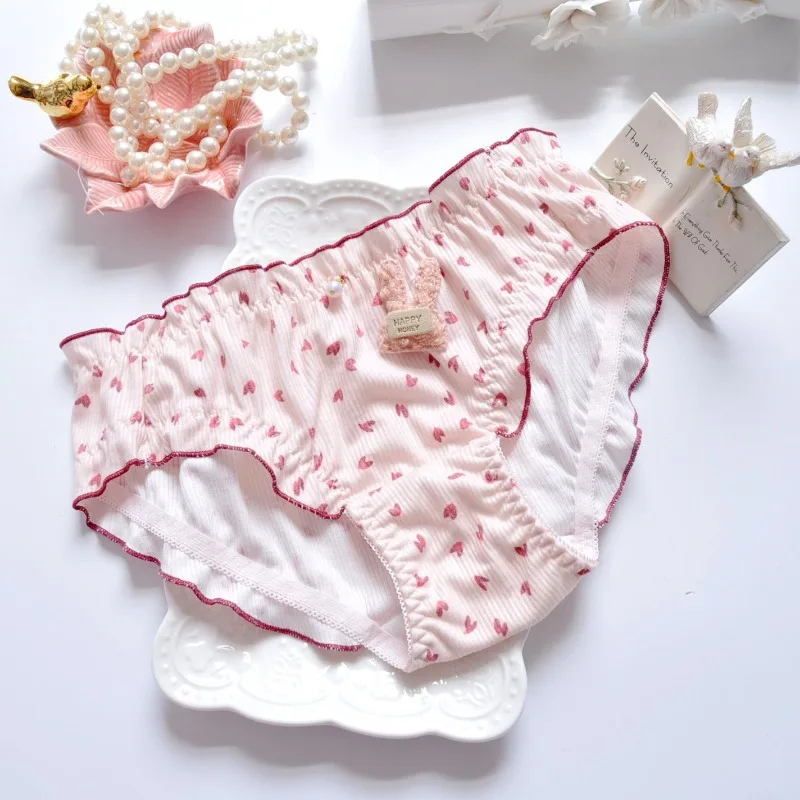 Damen-Slip aus Baumwolle mit süßen Rüschen und Cartoon-Kaninchenkopf, niedrig sitzende Slips, niedliche Lolita-Dessous, weiche Unterwäsche