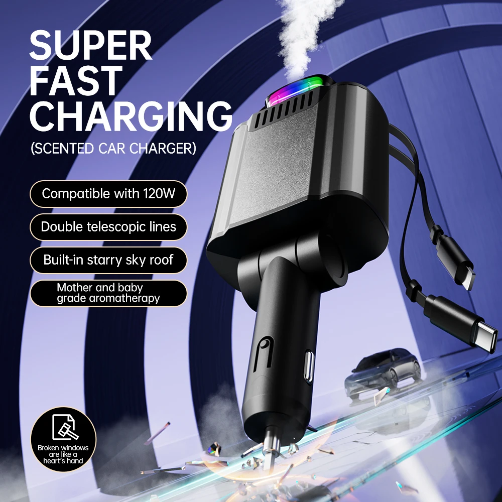 6-in-1 120W Car Fast Charger with USB/Type C Retractable Aromatherapy Air Freshener Window Breaker Roof Starlight Cable