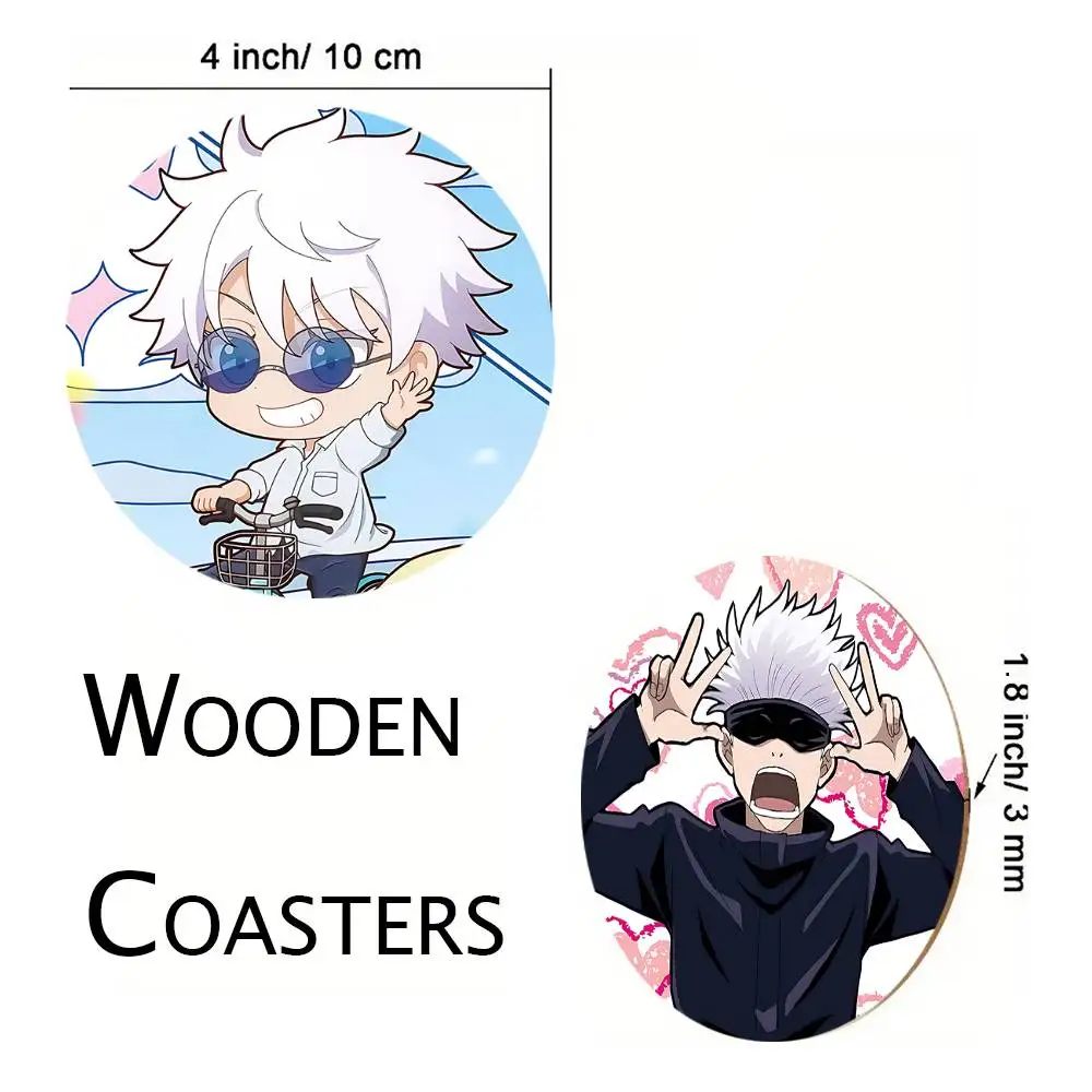 Cartoon G-Gojo Satoru Coasters Round Wooden For Cute Design Suitable For Drinks Tea Coffee Home Gift Choice Holidays