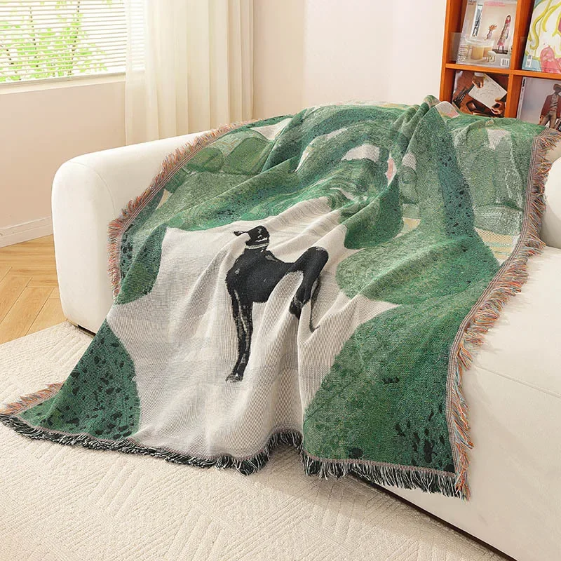 Bohemian Vintage Green Forest Greyhound Tapestry Blanket Woven Throw Tassels Abstract Landscape Sofa Cover Bedspread Home Decor