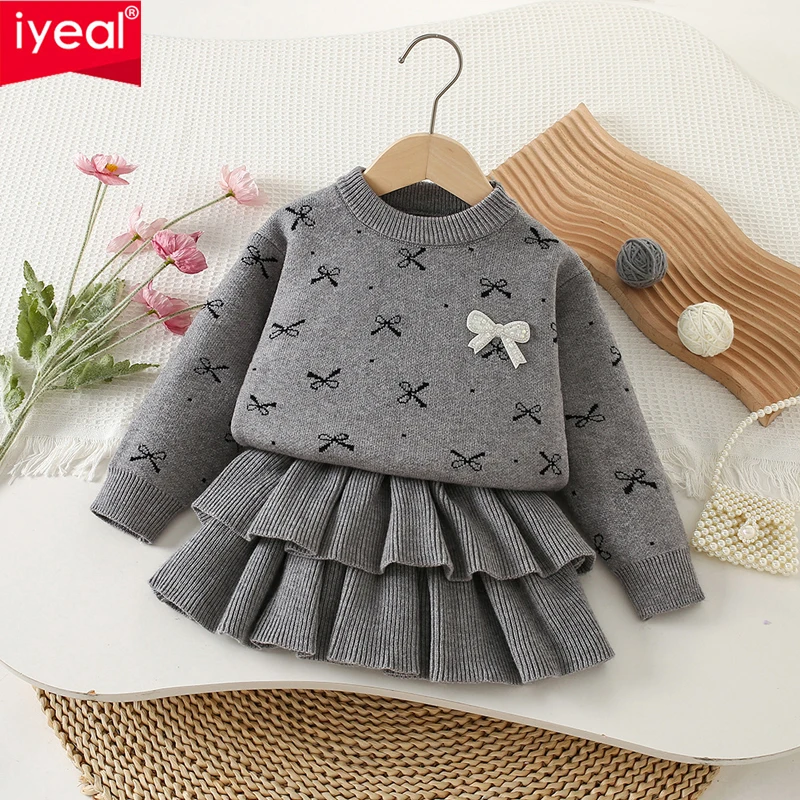 IYEAL Girls' Bow Sweater + Skirt 2025 Autumn New Korean Edition Children's Stylish Knitted Versatile Cake Skirt Two Piece Set